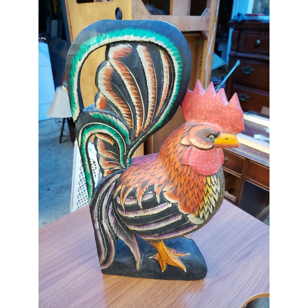 WOOD CARVED ROOSTER STATUE FIGURE PAINTED WOODEN FOLK ART CHICKEN 23 INCHES